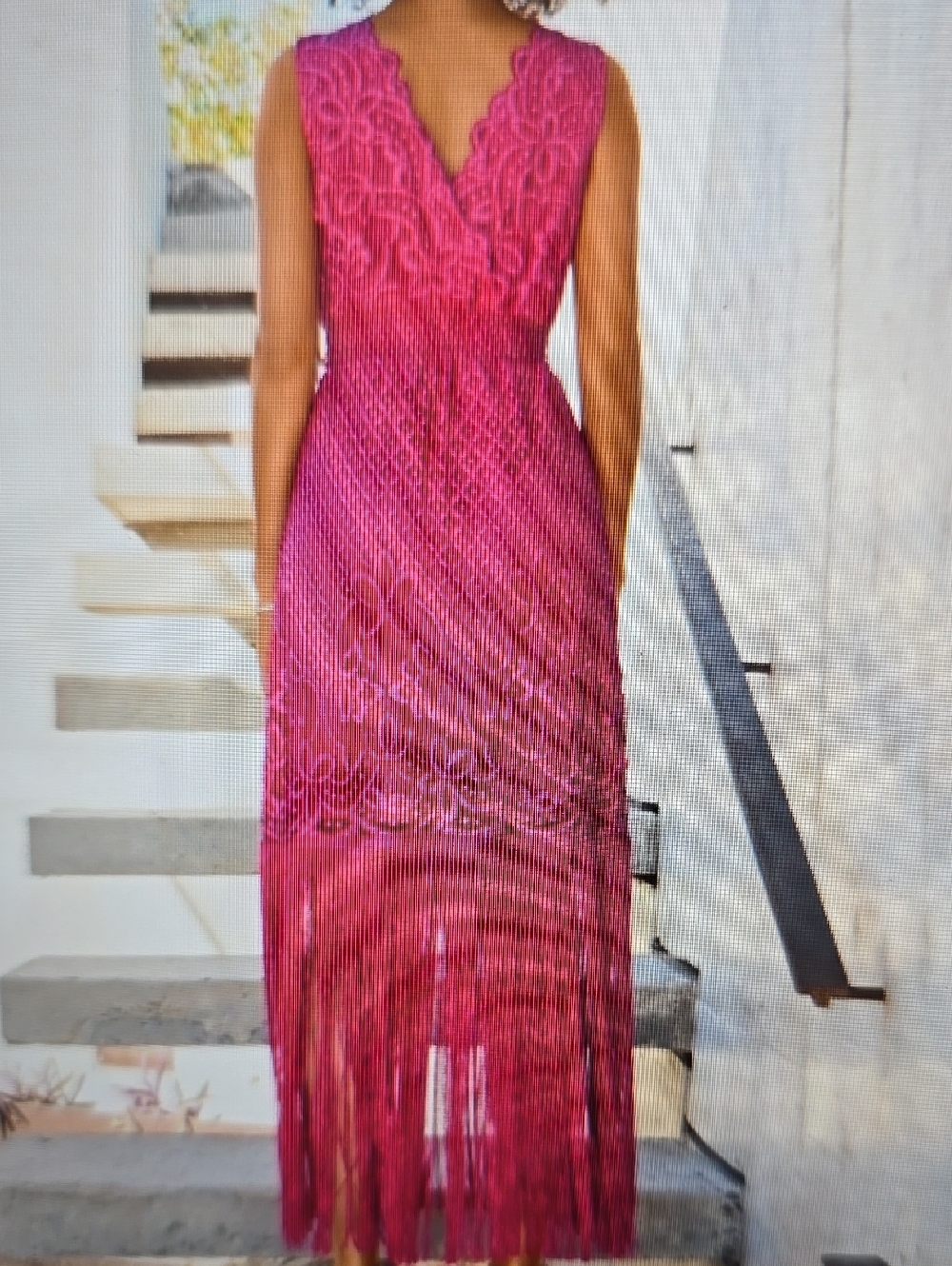 Boston Proper Very Berry Lace V-Neck Maxi Dress w Fringe Hem Sleeveless L NWT - Picture 2 of 11